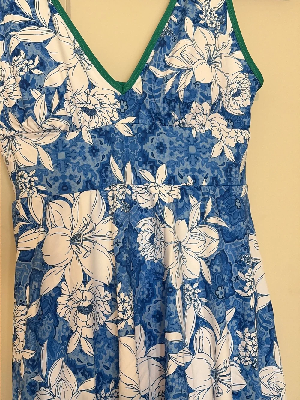Johnny Was Blue and White Floral One-Piece Swimdress with Green Trim